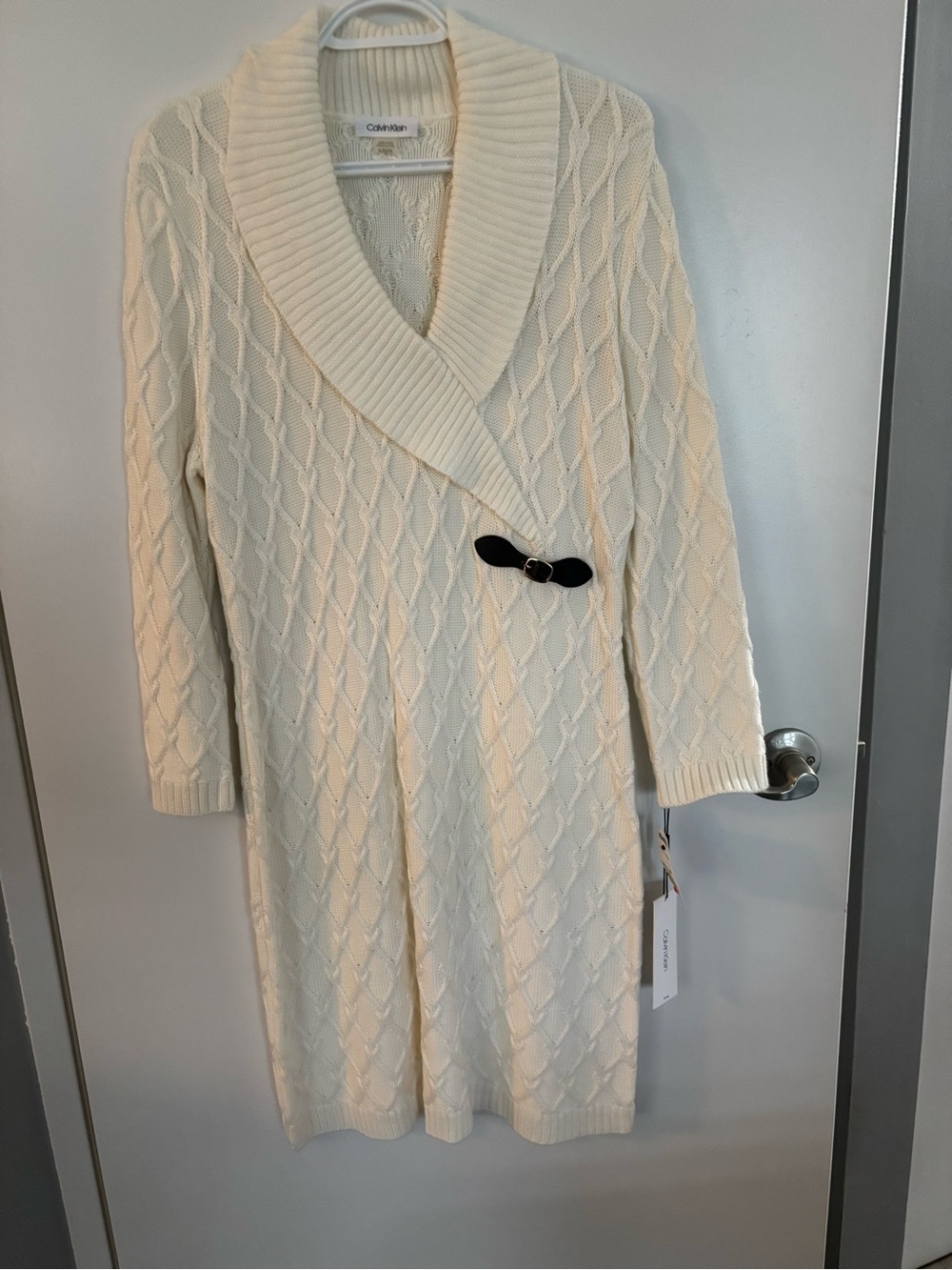 Calvin Klein Cream Cable-Knit Wrap Sweater Dress with Toggle